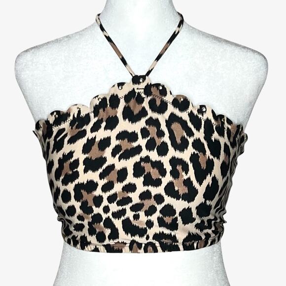 Kate Spade Crystal Cove Halter Bikini Swim Top L/XL Leopard Studded Scallop Edge - Picture 3 of 11